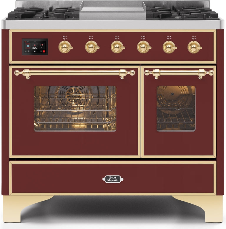 ILVE Majestic II 40" Dual Fuel Natural Gas Range in Burgundy with Brass Trim, UMD10FDNS3BUG