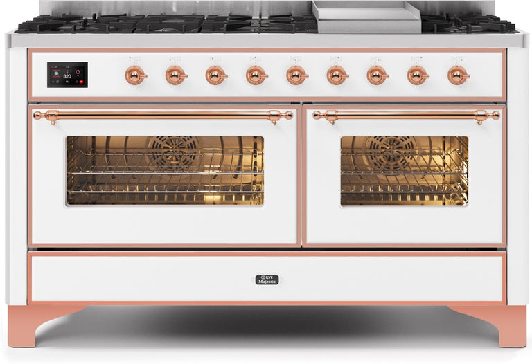 ILVE Majestic II 60" Dual Fuel Natural Gas Range in White with Copper Trim, UM15FDNS3WHP