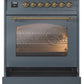 ILVE Nostalgie II 30" Dual Fuel Natural Gas Range in Blue Grey with Brass Trim, UP30NMPBGG