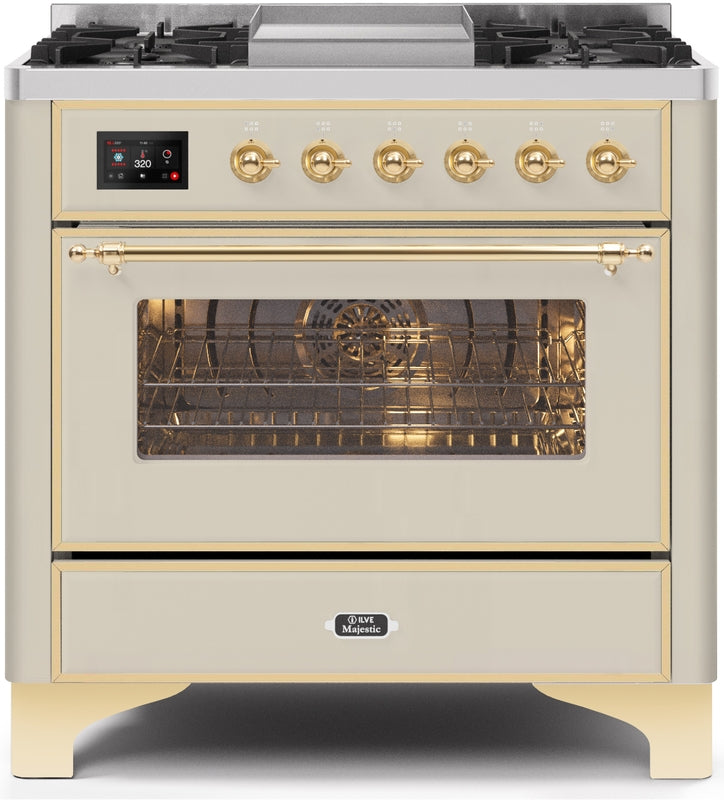 ILVE Majestic II 36" Dual Fuel Natural Gas Range in Antique White with Brass Trim, UM09FDNS3AWG