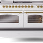 ILVE Nostalgie II 60" Dual Fuel Propane Gas Range in White with Brass Trim, UP60FSNMPWHGLP