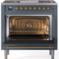 ILVE Nostalgie II 36" Dual Fuel Natural Gas Range in Blue Grey with Brass Trim, UP36FNMPBGG
