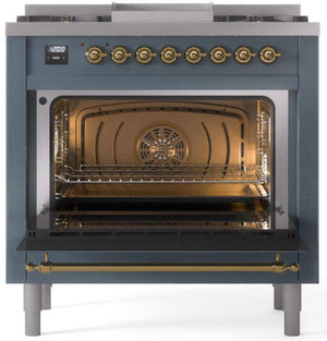 ILVE Nostalgie II 36" Dual Fuel Natural Gas Range in Blue Grey with Brass Trim, UP36FNMPBGG