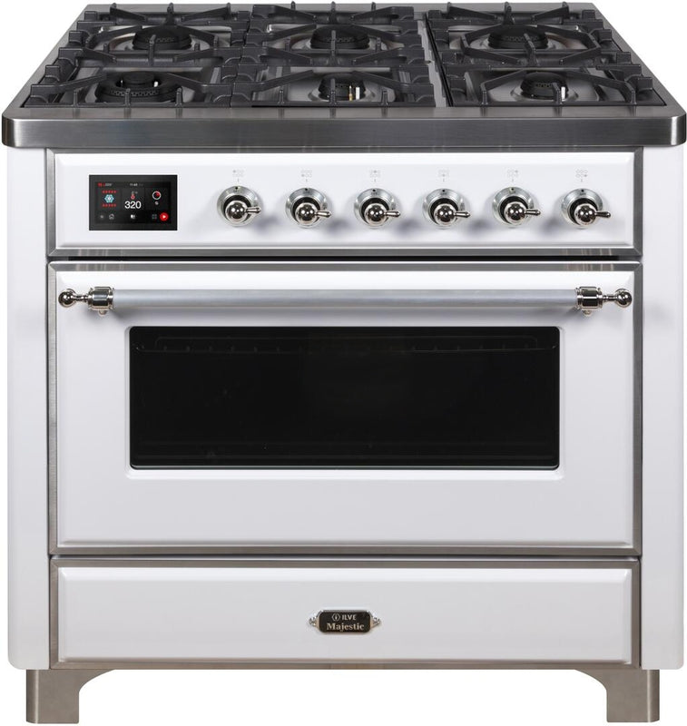 ILVE Majestic II 36" Dual Fuel Natural Gas Range in White with Chrome Trim, UM09FDNS3WHC