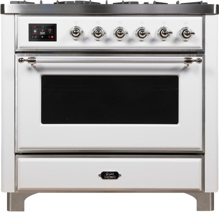 ILVE Majestic II 36" Dual Fuel Natural Gas Range in White with Chrome Trim, UM09FDNS3WHC
