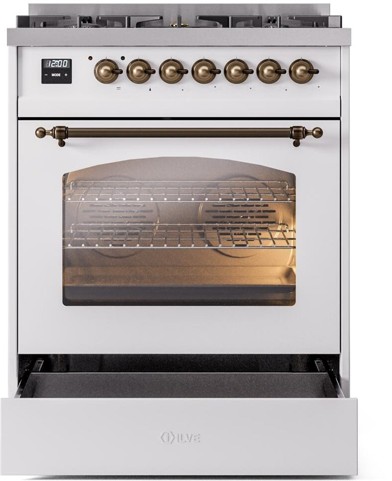 ILVE Nostalgie II 30" Dual Fuel Propane Gas Range in White with Bronze Trim, UP30NMPWHBLP