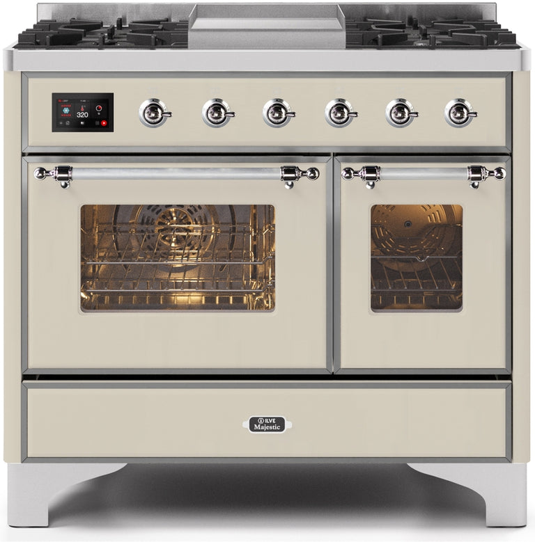 ILVE Majestic II 40" Dual Fuel Natural Gas Range in Antique White with Chrome Trim, UMD10FDNS3AWC
