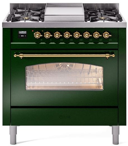 ILVE Nostalgie II 36" Dual Fuel Propane Gas Range in Emerald Green with Brass Trim, UP36FNMPEGGLP
