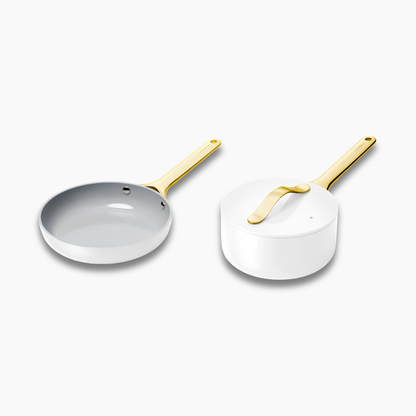 Caraway Mini Duo Cookware Set in White with Gold Handles
