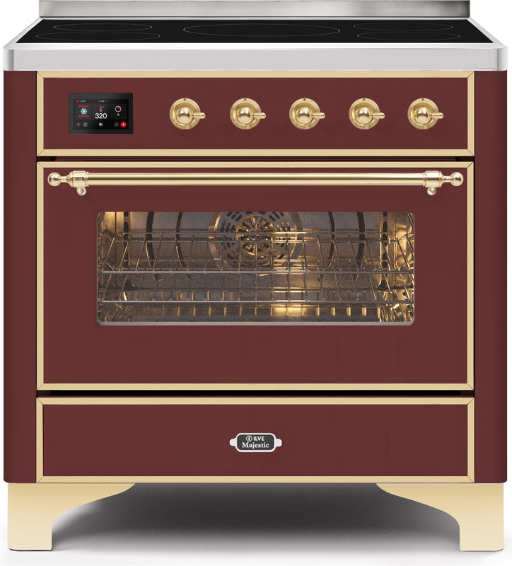 ILVE Majestic II 36" Induction Range with Element Stove and Electric Oven in Burgundy with Brass Trim, UMI09NS3BUG