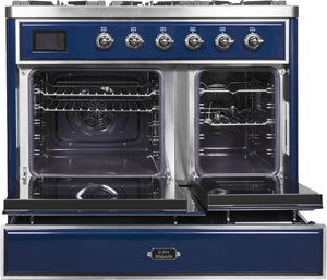 ILVE Majestic II 40" Dual Fuel Natural Gas Range in Blue with Chrome Trim, UMD10FDNS3MBC