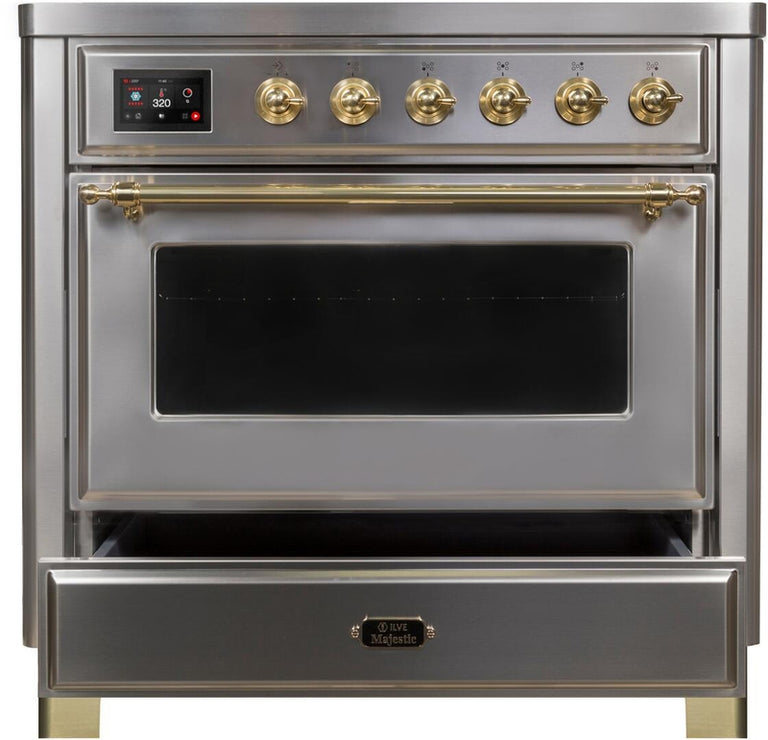 ILVE Majestic II 36" Induction Range with Element Stove and Electric Oven in Stainless Steel with Brass Trim, UMI09NS3SSG