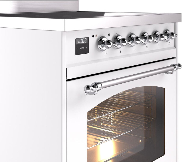 ILVE Nostalgie II 30" Induction Range with Element Stove and Electric Oven in White with Chrome Trim, UPI304NMPWHC