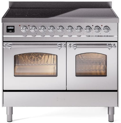 ILVE Nostalgie II 40" Induction Range with Element Stove and Electric Oven in Stainless Steel with Chrome Trim, UPDI406NMPSSC
