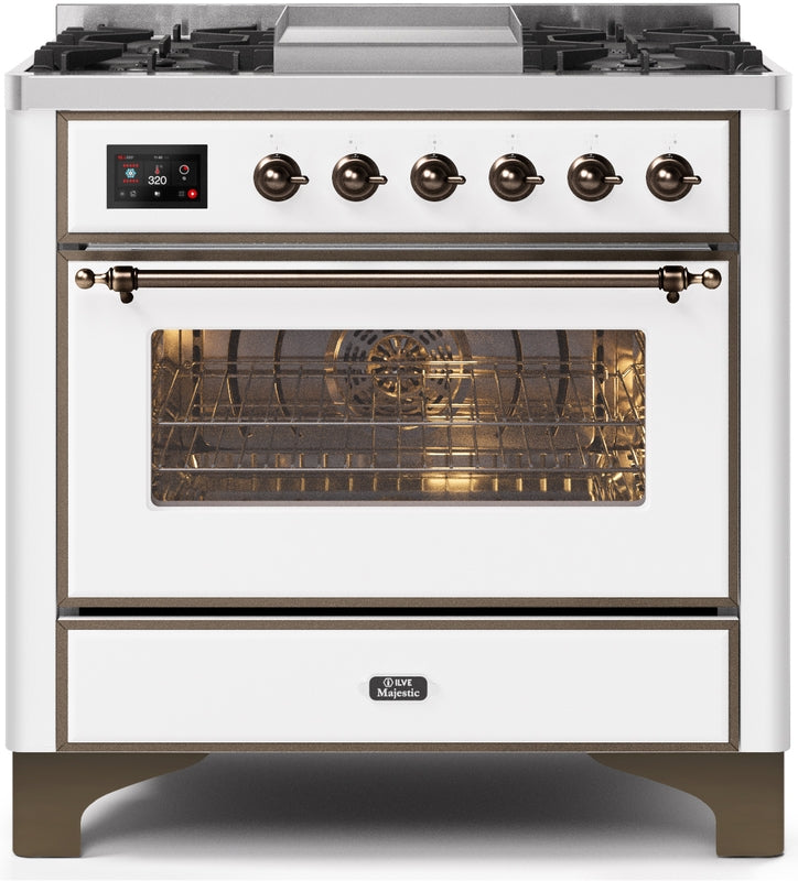 ILVE Majestic II 36" Dual Fuel Natural Gas Range in White with Bronze Trim, UM09FDNS3WHB