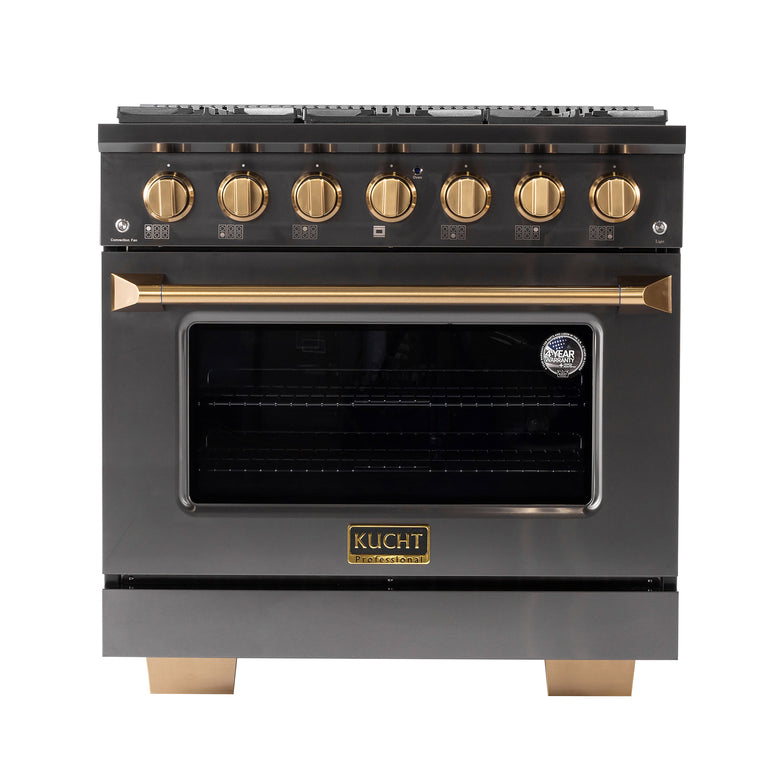 Kucht Gemstone Professional 36" 5.2 cu. ft. Dual Fuel Range in Titanium Stainless Steel with Gold Accents, KED364