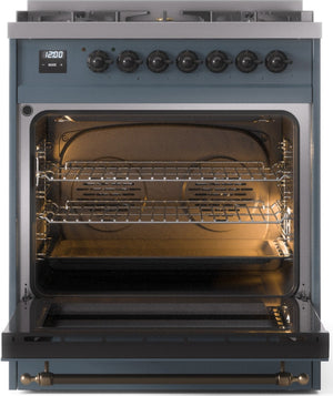 ILVE Nostalgie II 30" Dual Fuel Natural Gas Range in Blue Grey with Bronze Trim, UP30NMPBGB