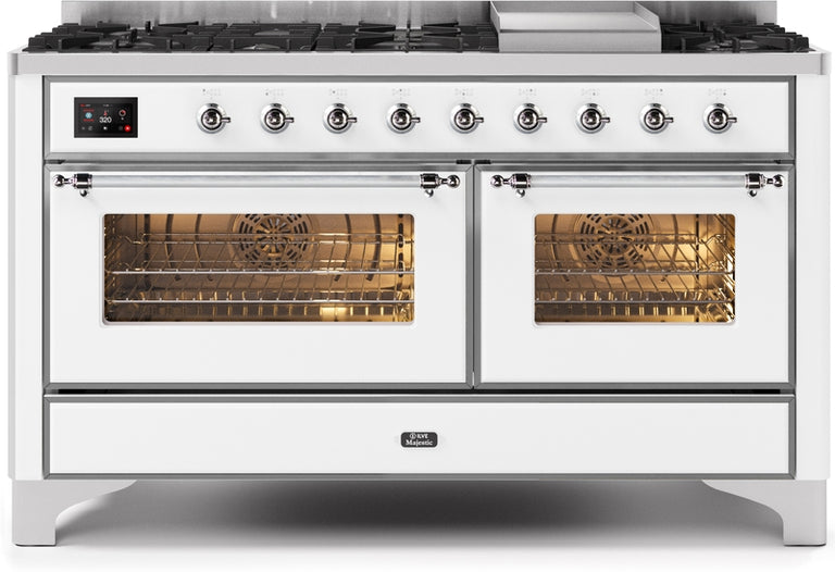 ILVE Majestic II 60" Dual Fuel Natural Gas Range in White with Chrome Trim, UM15FDNS3WHC