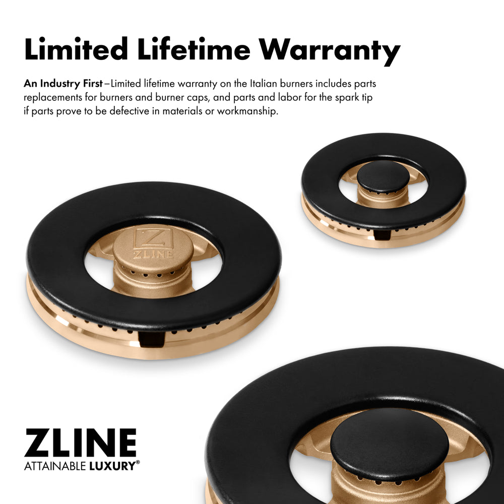 ZLINE Autograph 48 in. 6.7 cu. ft. Marino Gas Range with 8 Burner DuoPro™ Cooktop and Dual Ovens in Satin Stainless Steel with White Matte Doors and Champagne Bronze Accents, PMGRSZ-WM-48-CB - DuoPro Cooktop Limited Lifetime Burner Warranty Graphic