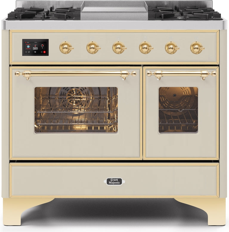 ILVE Majestic II 40" Dual Fuel Natural Gas Range in Antique White with Brass Trim, UMD10FDNS3AWG