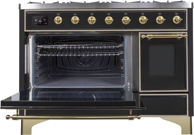 ILVE Majestic II 48" Dual Fuel Natural Gas Range in Glossy Black with Brass Trim, UM12FDNS3BKG