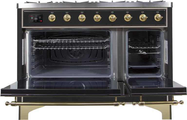 ILVE Majestic II 48" Dual Fuel Natural Gas Range in Glossy Black with Brass Trim, UM12FDNS3BKG