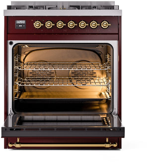 ILVE Nostalgie II 30" Dual Fuel Natural Gas Range in Burgundy with Brass Trim, UP30NMPBUG