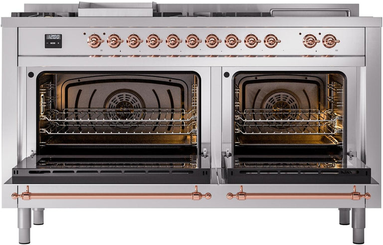 ILVE Nostalgie II 60" Dual Fuel Propane Gas Range in Stainless Steel with Copper Trim, UP60FSNMPSSPLP