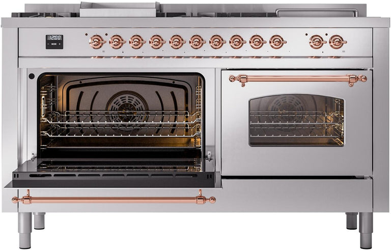 ILVE Nostalgie II 60" Dual Fuel Propane Gas Range in Stainless Steel with Copper Trim, UP60FSNMPSSPLP