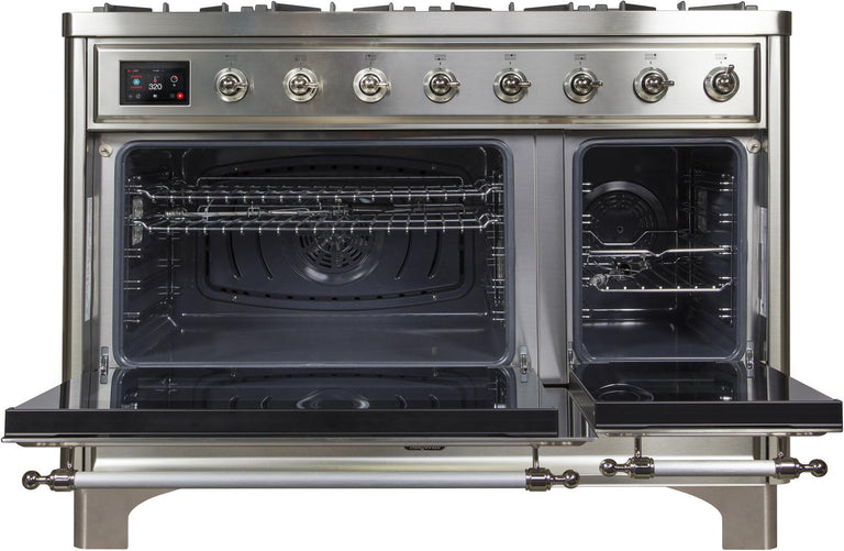 ILVE Majestic II 48" Dual Fuel Natural Gas Range in Stainless Steel with Chrome Trim, UM12FDNS3SSC