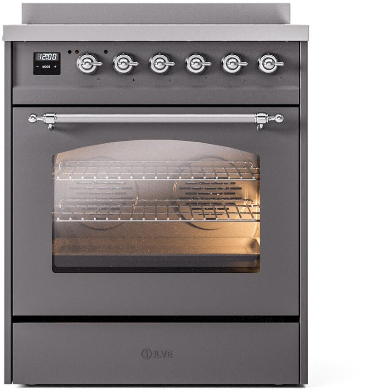 ILVE Nostalgie II 30" Induction Range with Element Stove and Electric Oven in Matte Graphite with Chrome Trim, UPI304NMPMGC