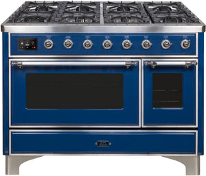ILVE Majestic II 48" Dual Fuel Natural Gas Range in Blue with Chrome Trim, UM12FDNS3MBC