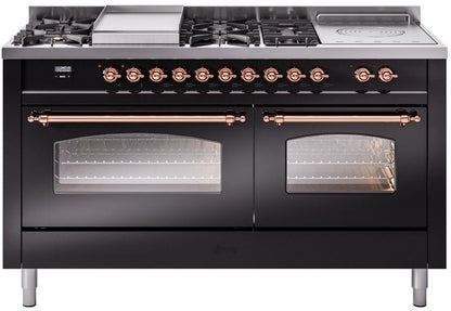 ILVE Nostalgie II 60" Dual Fuel Natural Gas Range in Glossy Black with Copper Trim, UP60FSNMPBKP