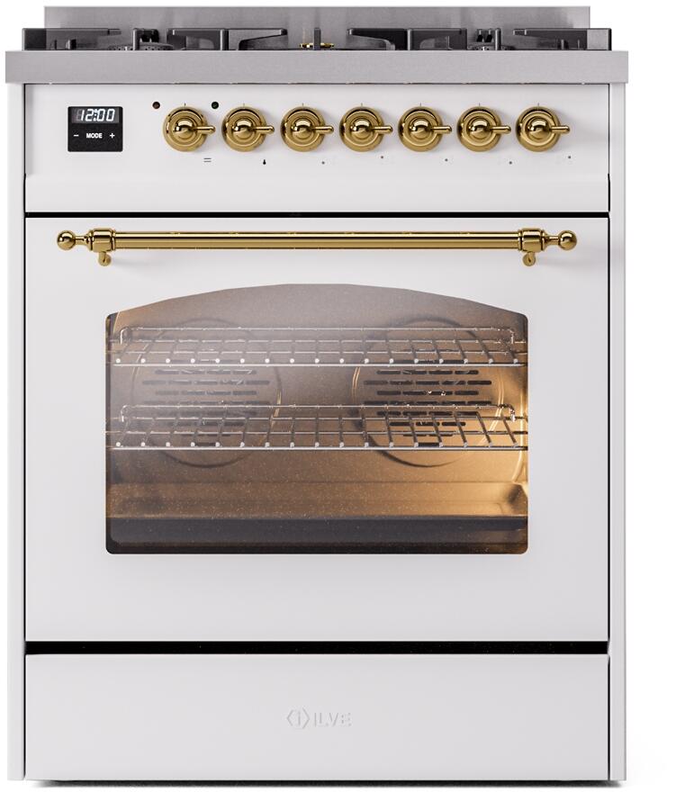 ILVE Nostalgie II 30" Dual Fuel Propane Gas Range in White with Brass Trim, UP30NMPWHGLP