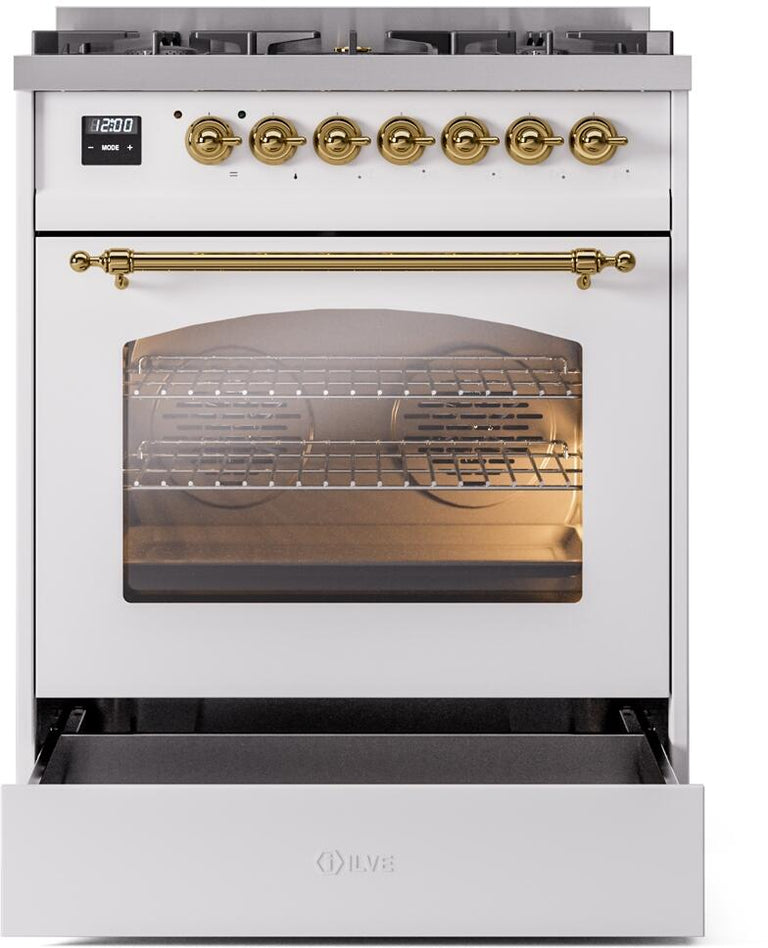 ILVE Nostalgie II 30" Dual Fuel Propane Gas Range in White with Brass Trim, UP30NMPWHGLP