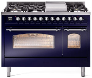 ILVE Nostalgie II 48" Dual Fuel Natural Gas Range in Blue with Chrome Trim, UP48FNMPMBC