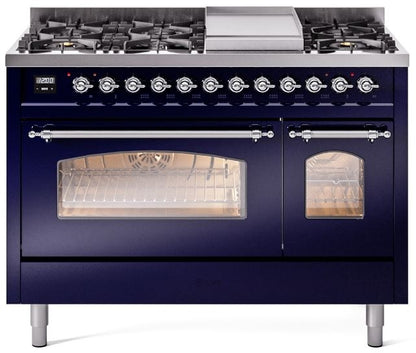 ILVE Nostalgie II 48" Dual Fuel Natural Gas Range in Blue with Chrome Trim, UP48FNMPMBC