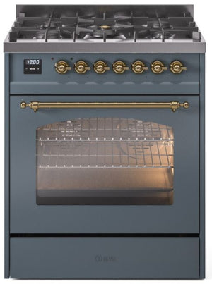 ILVE Nostalgie II 30" Dual Fuel Propane Gas Range in Blue Grey with Brass Trim, UP30NMPBGGLP