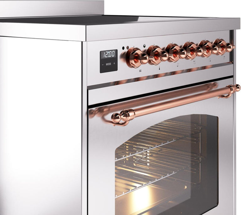 ILVE Nostalgie II 30" Induction Range with Element Stove and Electric Oven in Stainless Steel with Copper Trim, UPI304NMPSSP