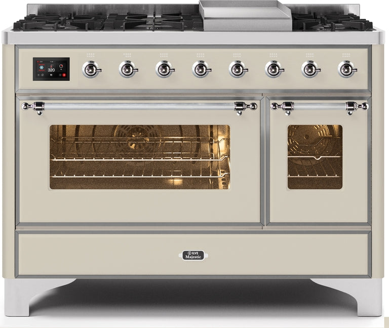 ILVE Majestic II 48" Dual Fuel Natural Gas Range in Antique White with Chrome Trim, UM12FDNS3AWC