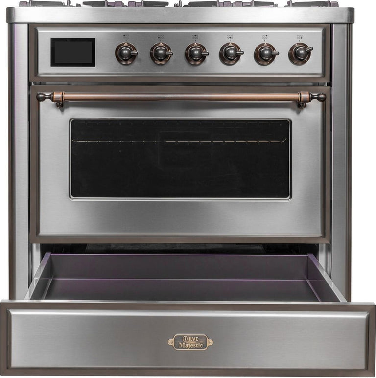 ILVE Majestic II 36" Dual Fuel Propane Gas Range in Stainless Steel with Bronze Trim, UM09FDNS3SSBLP