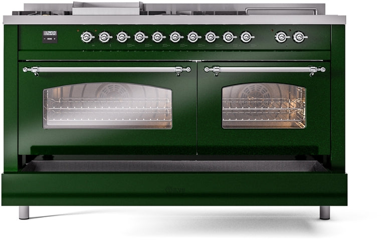 ILVE Nostalgie II 60" Dual Fuel Propane Gas Range in Emerald Green with Chrome Trim, UP60FSNMPEGCLP