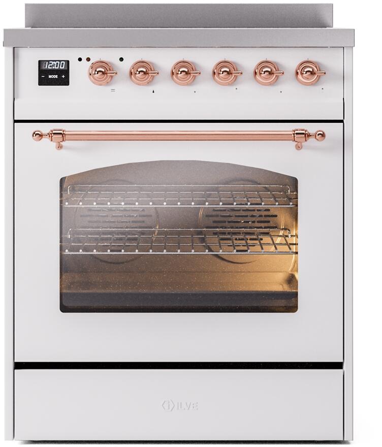ILVE Nostalgie II 30" Induction Range with Element Stove and Electric Oven in White with Copper Trim, UPI304NMPWHP