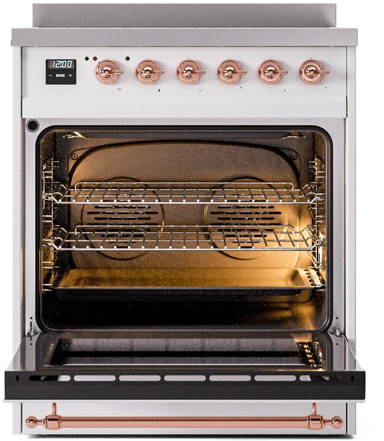 ILVE Nostalgie II 30" Induction Range with Element Stove and Electric Oven in White with Copper Trim, UPI304NMPWHP