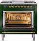 ILVE Nostalgie II 36" Dual Fuel Natural Gas Range in Emerald Green with Brass Trim, UP36FNMPEGG