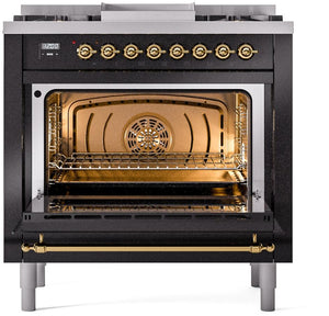 ILVE Nostalgie II 36" Dual Fuel Propane Gas Range in Glossy Black with Brass Trim, UP36FNMPBKGLP
