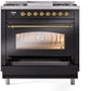 ILVE Nostalgie II 36" Dual Fuel Propane Gas Range in Glossy Black with Brass Trim, UP36FNMPBKGLP