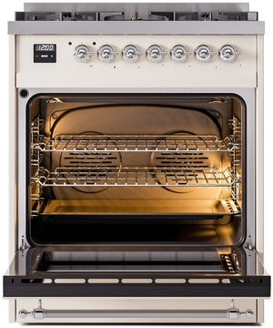 ILVE Nostalgie II 30" Dual Fuel Natural Gas Range in Antique White with Chrome Trim, UP30NMPAWC