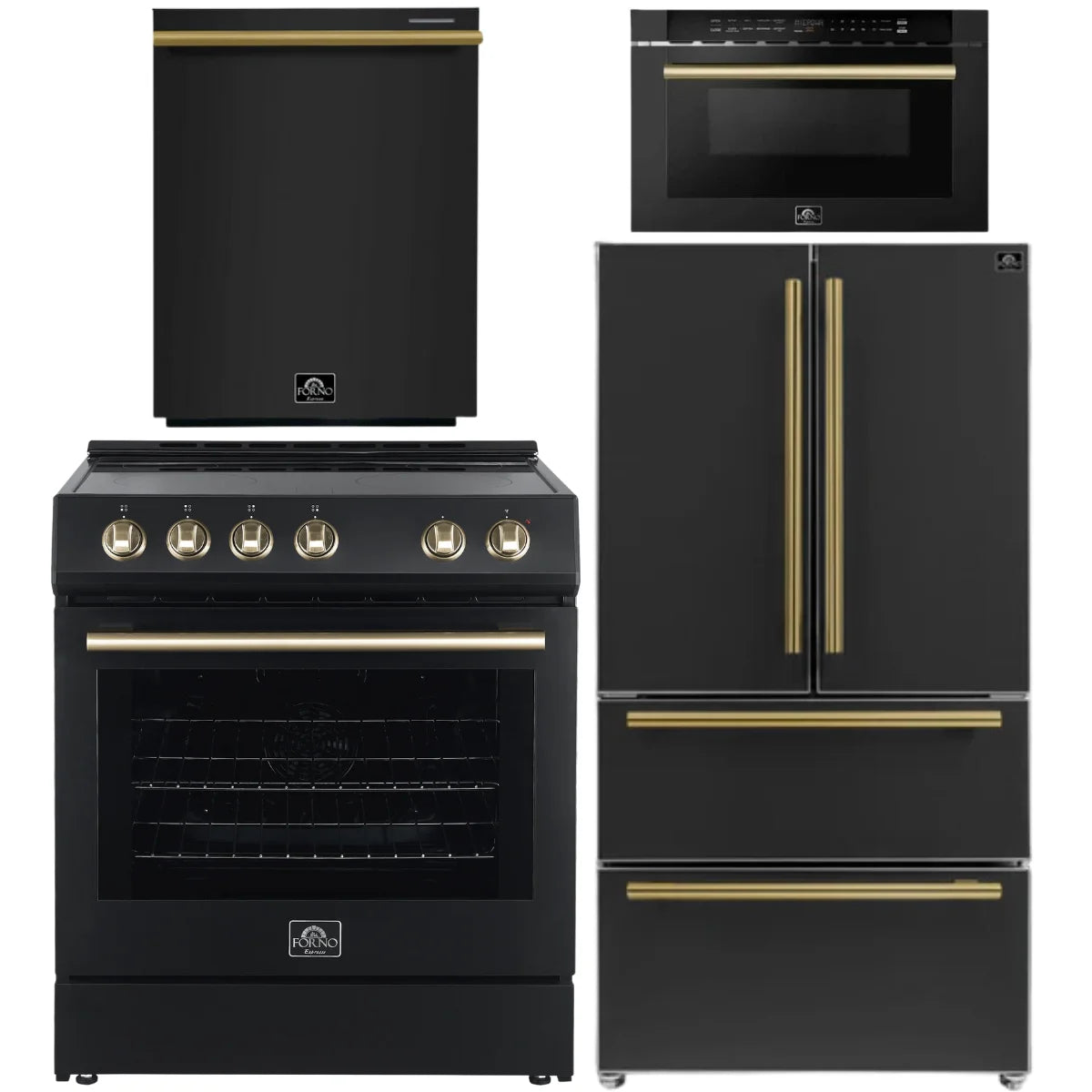Forno 4-piece black and antique brass kitchen appliance package including French door refrigerator, electric range, dishwasher, and built-in microwave