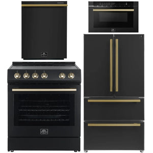 Forno 4-piece black and antique brass kitchen appliance package including French door refrigerator, electric range, dishwasher, and built-in microwave